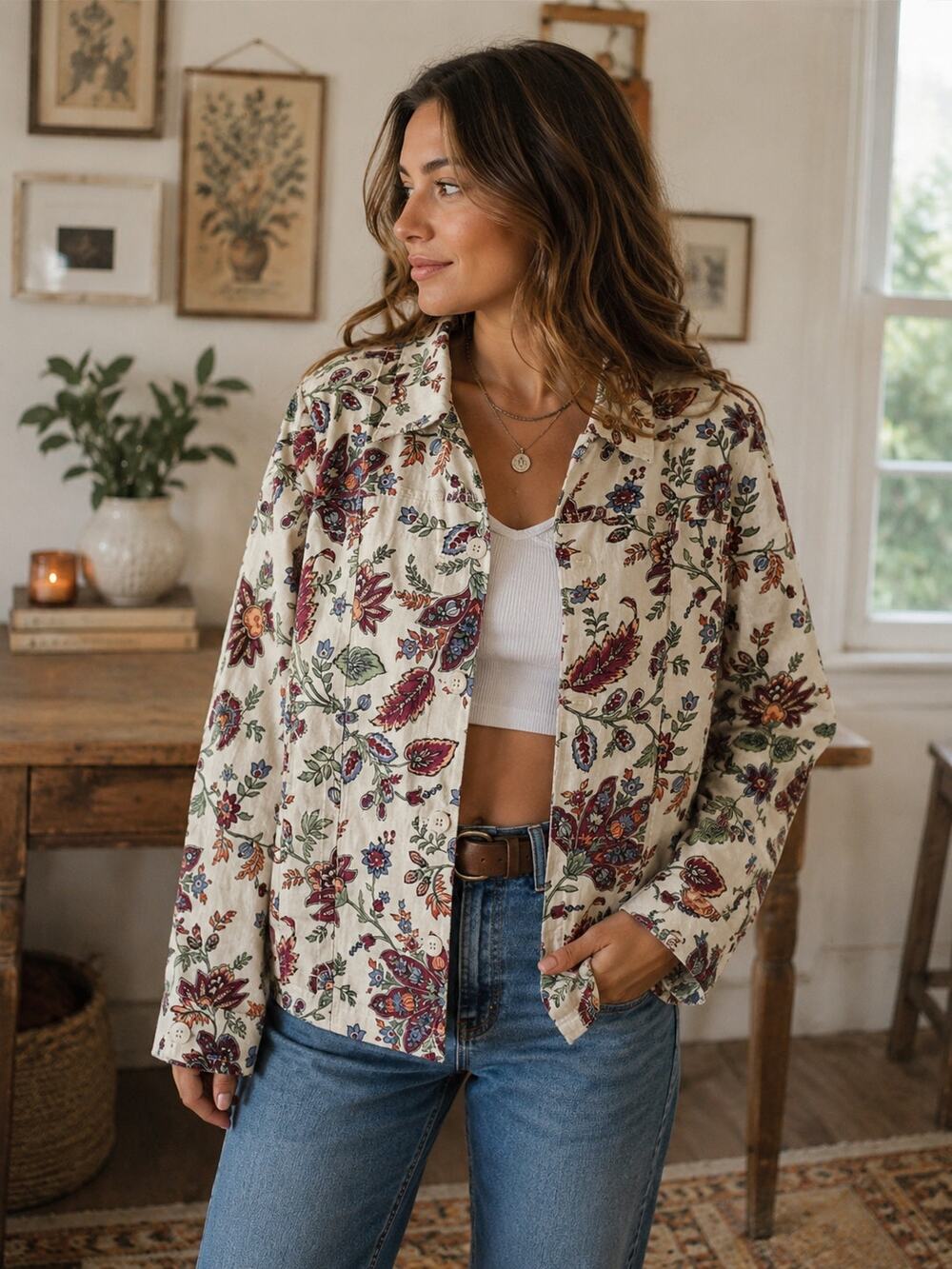 Appleseeds Floral Button Front Jacket Cotton Petite Large